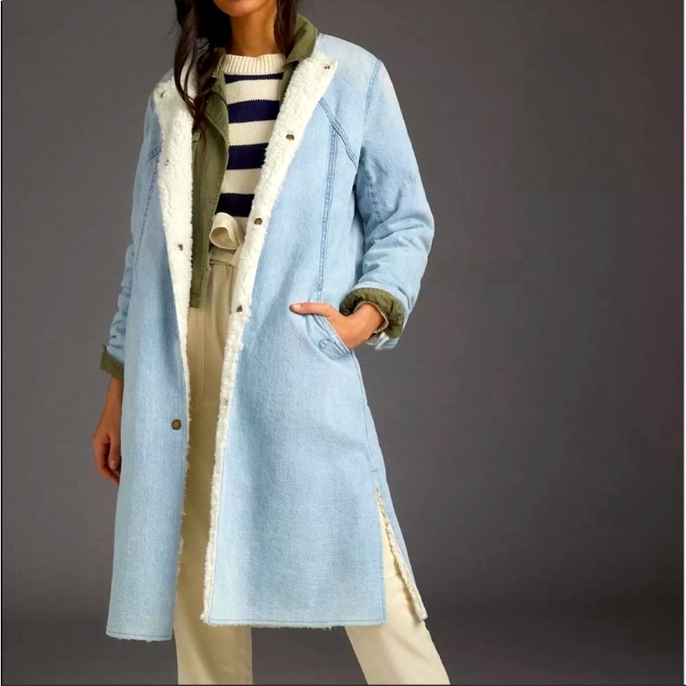 Anthropologie Pilcro Reversible Sherpa Denim Duster Coat Sz S